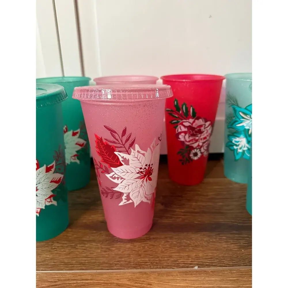 Starbucks 2022 Holiday Reusable Cold Cups 24 oz Set of 8 Cups 3 Lids